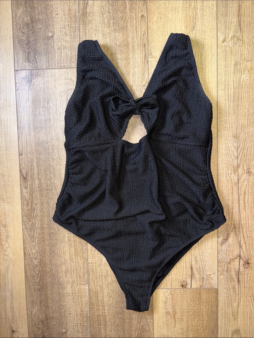 Black Textured One-Piece Swimsuit with Front Knot Detail